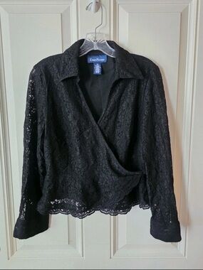 Y2K Evan Picone Black Lace Wrap Top with Collar
